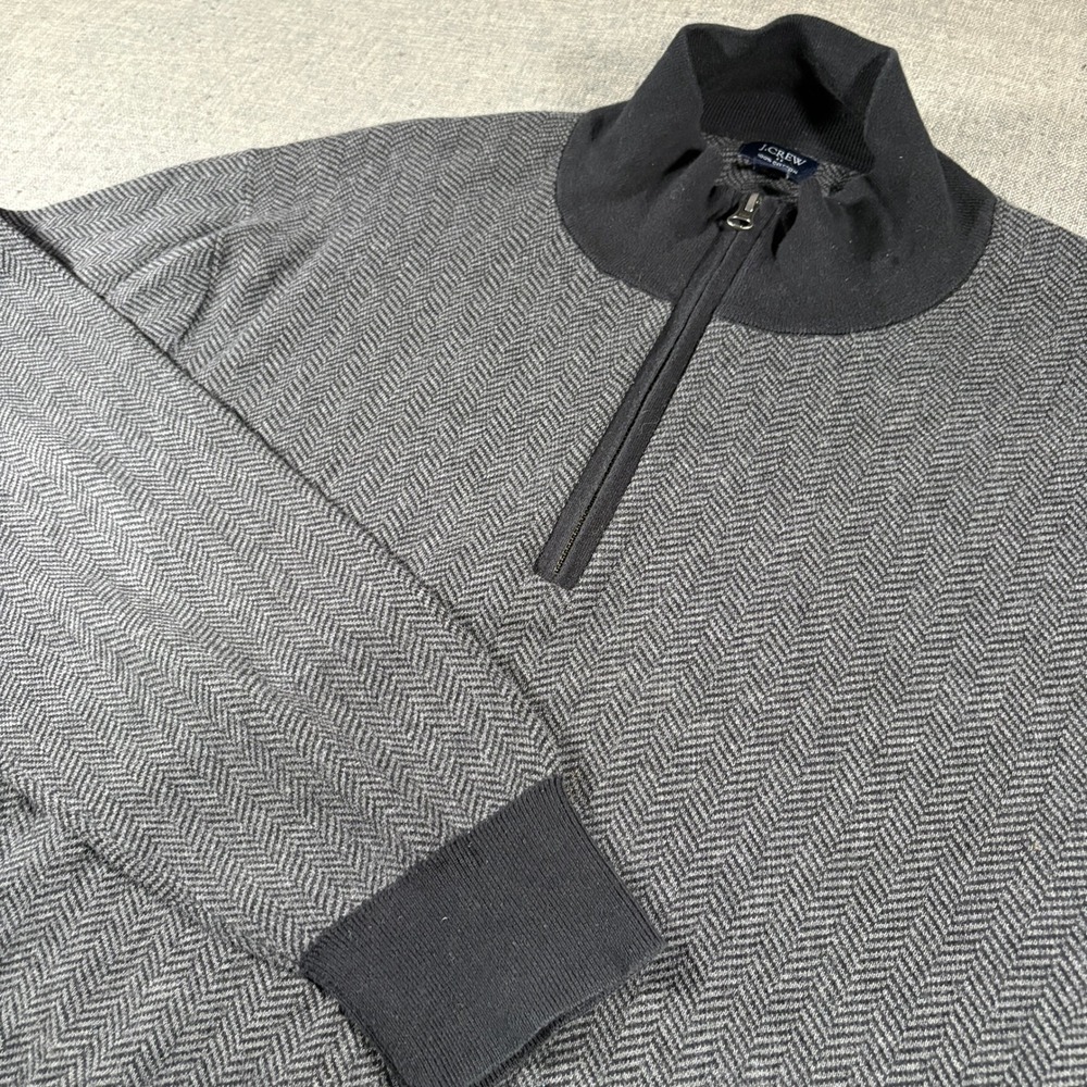 J.Crew Quarter Zip Pullover Mens XL Grey Herringbone‎ Cotton Mock Neck Sweater